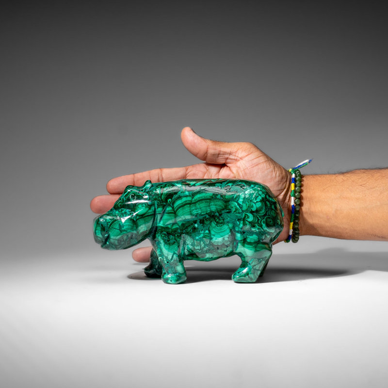 Genuine Polished Malachite Hippo Carving (2.6 lbs), 3.5" H x 2.5" W x 7" D