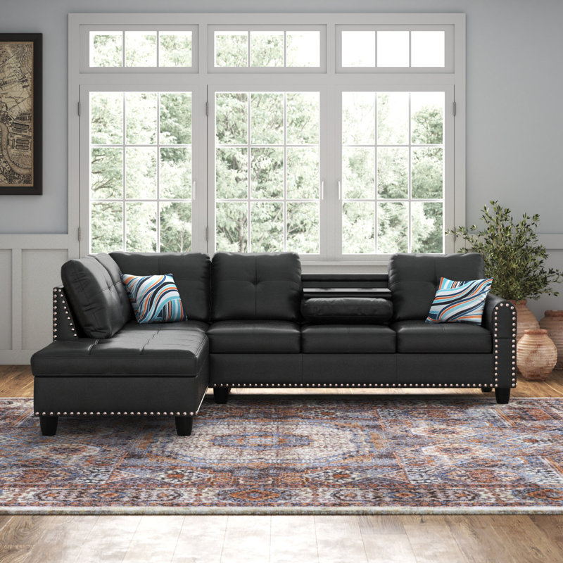 Louvenia Upholstered L-Shaped Sectional, Black Faux Leather, Left Hand Facing