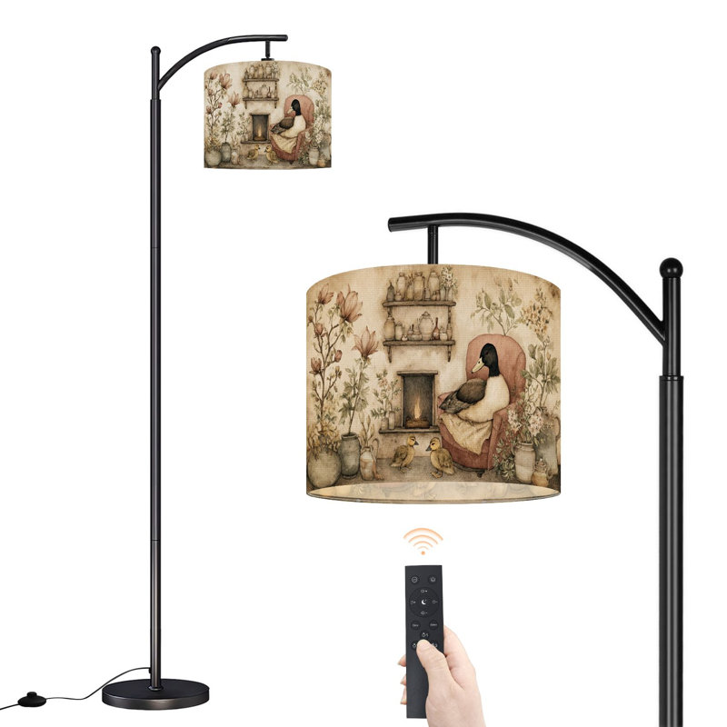 Arc Floor Lamp with Adjustable Lampshade Vintage Cottage Living Room Mother Duck Ducklings Standing Lamp 3 Color Temperatures Dimmable Tall Pole Lamp with Foot Switch for Bedroom