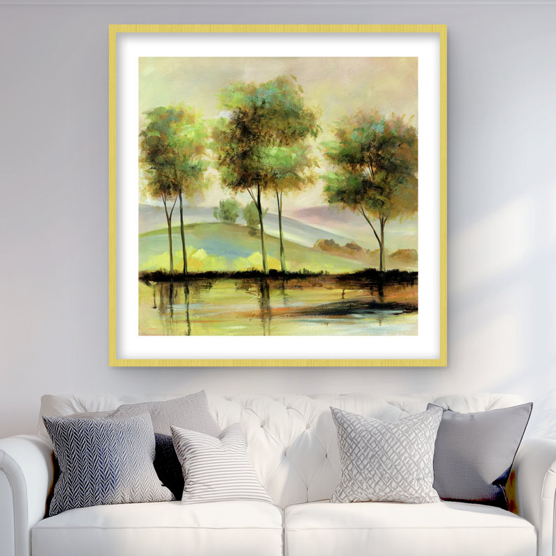 Arbres près du lac - paysages verts, reproduction encadrée, Doré