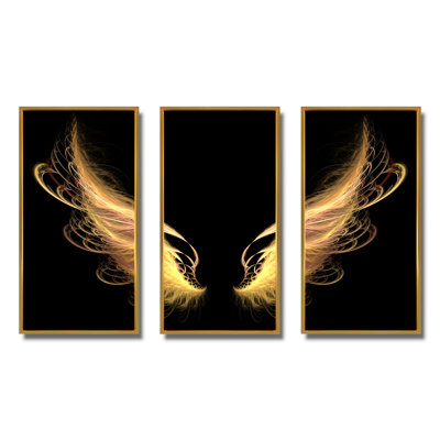 Golden Angel Wings On Black - ensemble de 3 reproductions d'art encadrées abstraites sur toile