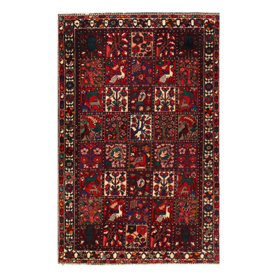 Tapis unique en laine noué à la main de style années 1970 de 7 pi 2 po x 4 pi 4 po en rouge / marron / noir