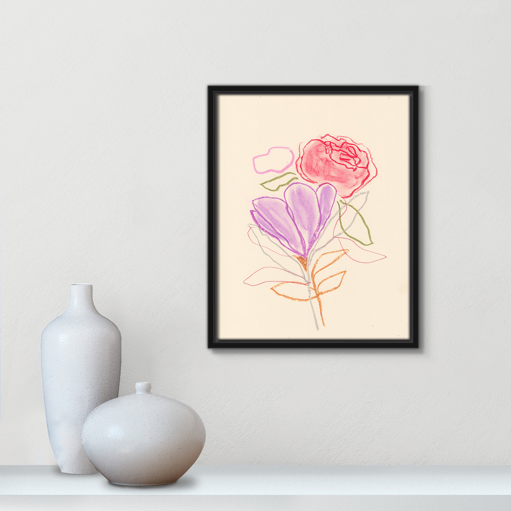 Simple Floral III Print by Bea Dina, Black Floater Framed Canvas, No Mat, 15.5" H x 12.5" W x 2" D