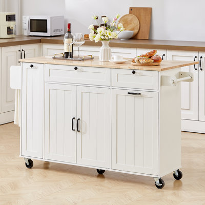 61.5" Rolling Kitchen Island With  Large Storage Cabinets And Trash Can Storage,2 Locking Wheels,Power Outlet For Kitchen, Dining Room by Ebern Designs