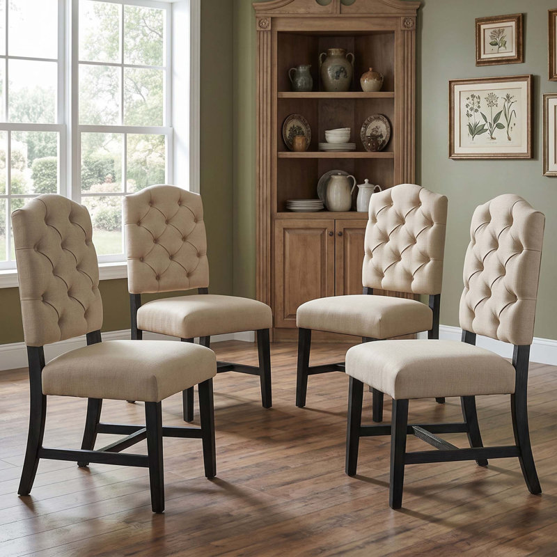 Ensemble de 4 chaises de salle à manger rétro capitonnées avec boutons et pieds en bois d'hévéa massif, Espresso