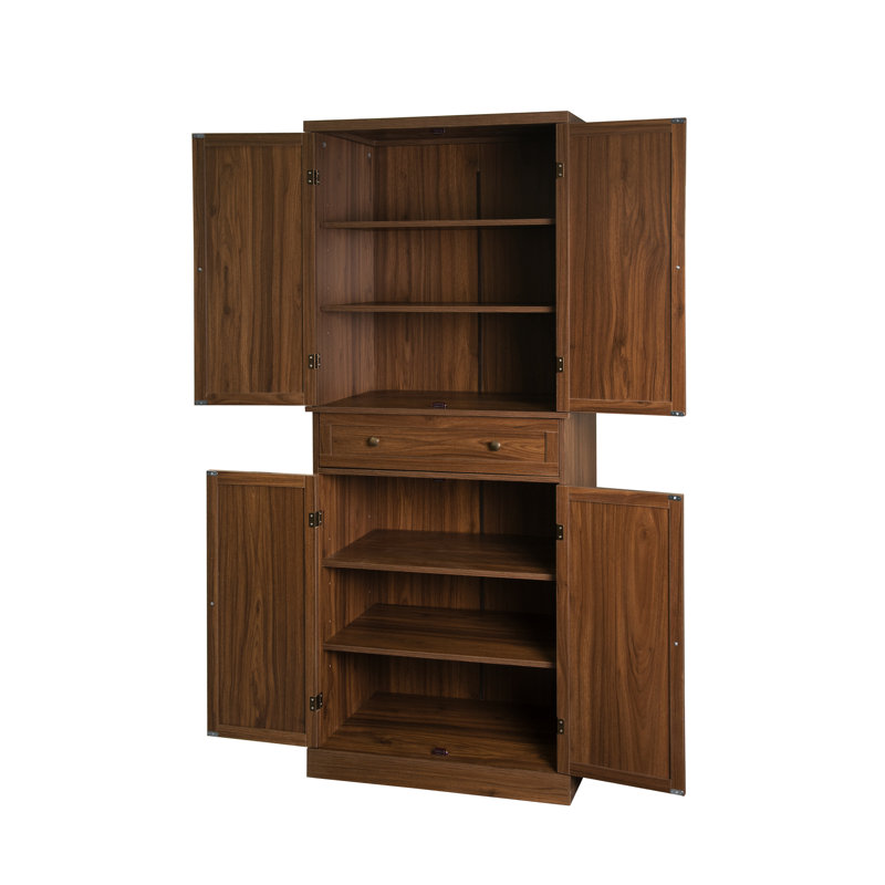 Armoire 4 portes avec 1 tiroir, capacité de charge de 210 lb, technique d'ingénierie, résistante aux rayons du soleil et aux égratignures, tablettes réglables, charnière en métal ouverte à 180 degrés, surmatelas, noyer foncé, panneau de particules avec lb