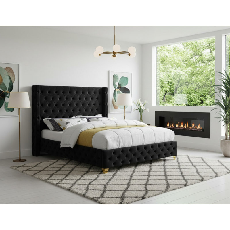 Dymonique Velvet Bed, Queen, Black Velvet