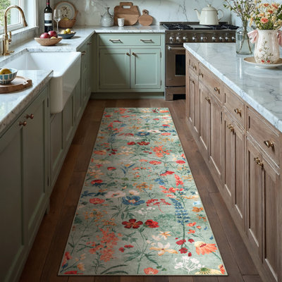 Cherry Machine Washable Floral Area Rug With Non-Slip Backing