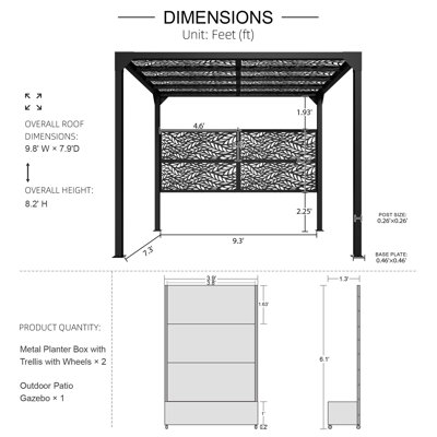 9.8'X7.9' Metal Pergola & 2 Pcs Rolling Metal Planter Boxes With Wheels, Steel Frame Patio Pavilion For Outdoor Backyard Garden