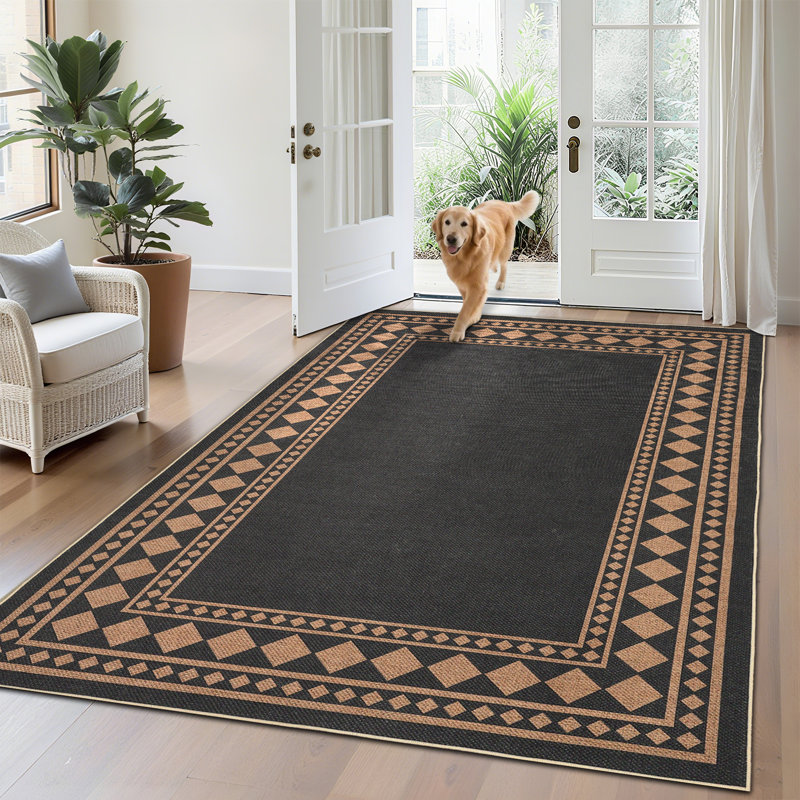 Modern Easy Jute Rug Machine Washable Geometric Bordered Indoor Outdoor Carpet with Non-Slip Backing, Non-Shedding Floor Cover for Backyard, Bedroom, Patio
