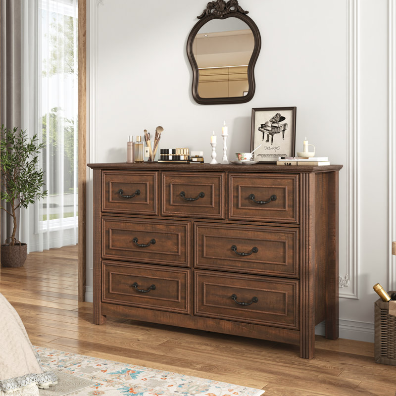 Farmhouse 7-Drawer Dresser With Vintage Details, Rustic Wood Storage Chest For Bedroom, Living Room Or Hallway, Brown