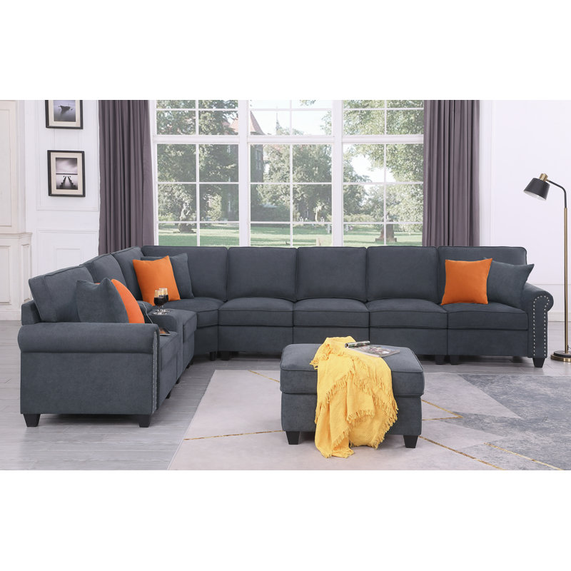 Kew Gardens Modular Corner Sectional with Ottoman, Dark Gray Polyester Blend