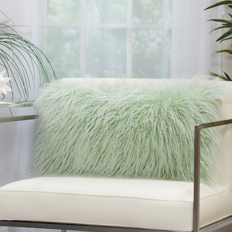 Coussin décoratif en fausse fourrure, Vert viride, Rectangulaire, 14 po x 24 po
