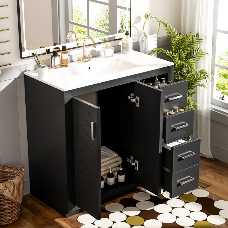 36'' Bathroom Vanity With Ceramic Basin: Solid Wood, Practical Storage Solution Drawer Handles