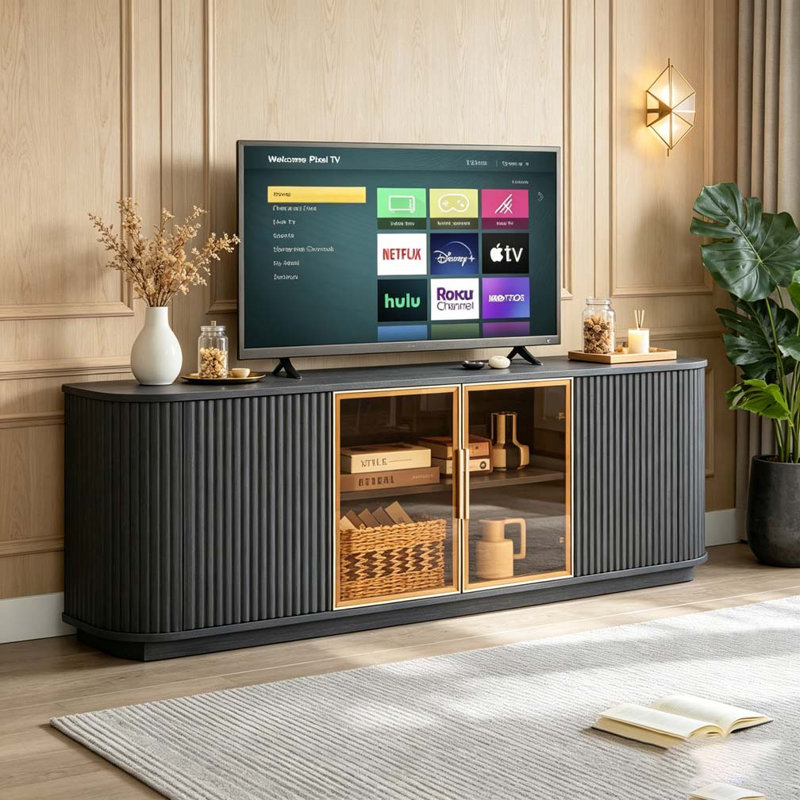 64-Inch Sideboard, Wooden Vertical Stripe Storage Cabinet