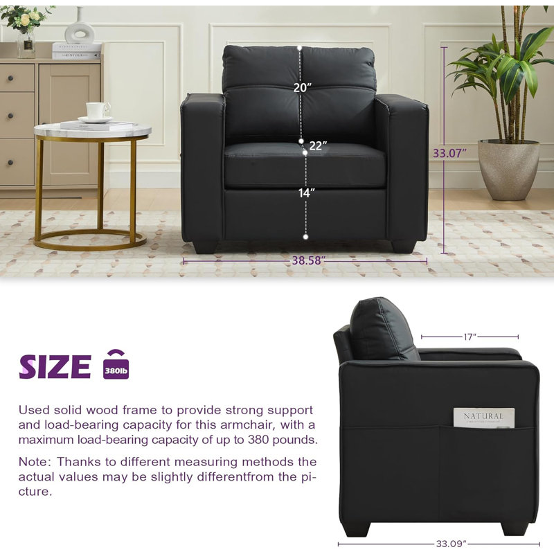 Ensemble de 2 fauteuils en similicuir de 38 po (ensemble de 2), Noir