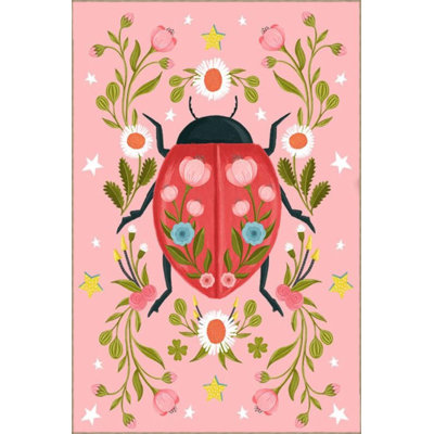 Pink Color Themed Red Ladybug Patterned Machine Washable Rug