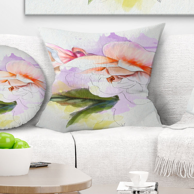 Coussin à imprimé floral blanc Begonia, 16 po x 1 po, Coussin décoratif