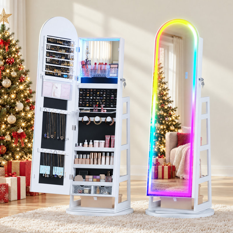Armoire pour bijoux pivotante à 360 ° avec miroir lumineux RVB, Blanc