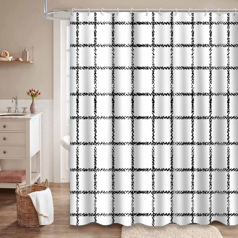 Rideau de douche rayé à motif géométrique blanc avec 12 crochets, L 72 po x l 72 po