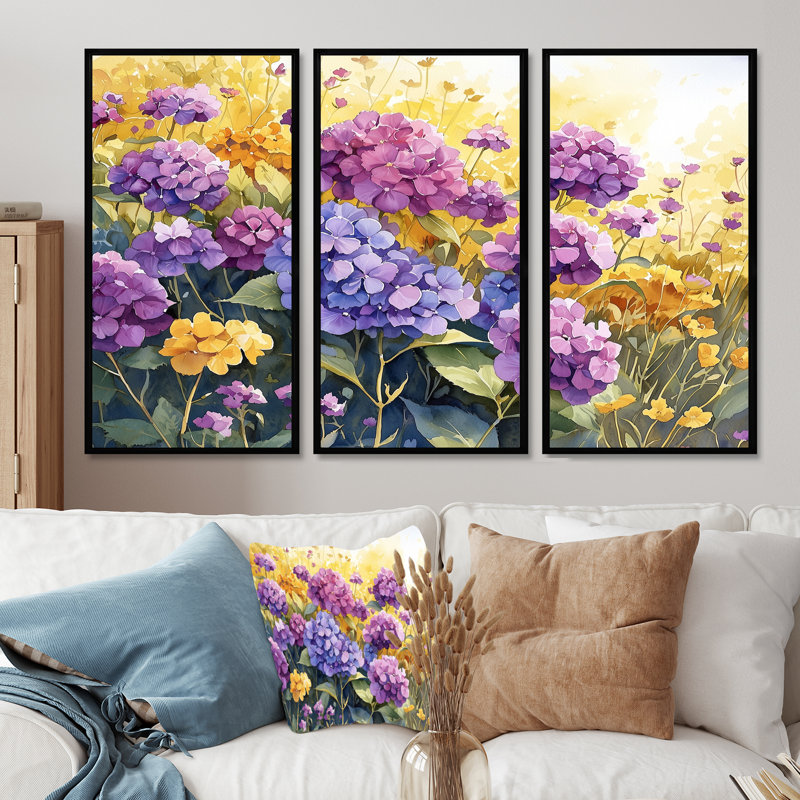 Fleurs d'hortensia d'été dans le pré II - art mural hortensia - ensemble de 3, H 28 po x l 36 po, Noir
