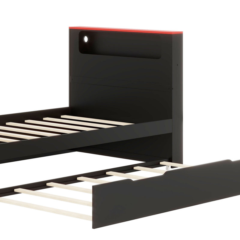 Wood Daybed with Trundle, Writing Desk, Built-in LED Lighting & USB Charging Ports, Twin, Black+Red