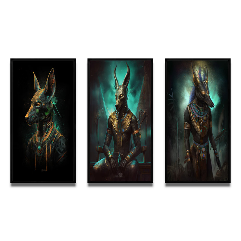 "Vintage Anubis Ancien Egyption Jackal God VII" 3 - Pièces sur, Cadre flottant noir, H 40 po x l 60 po