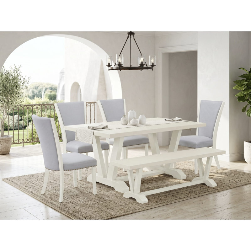 Ensemble de table 6 pièces - 4 chaises Parson en tissu de lin gris avec têtes de clou et table de salle à manger en bois - 1 banc de cuisine - brosse métallique.