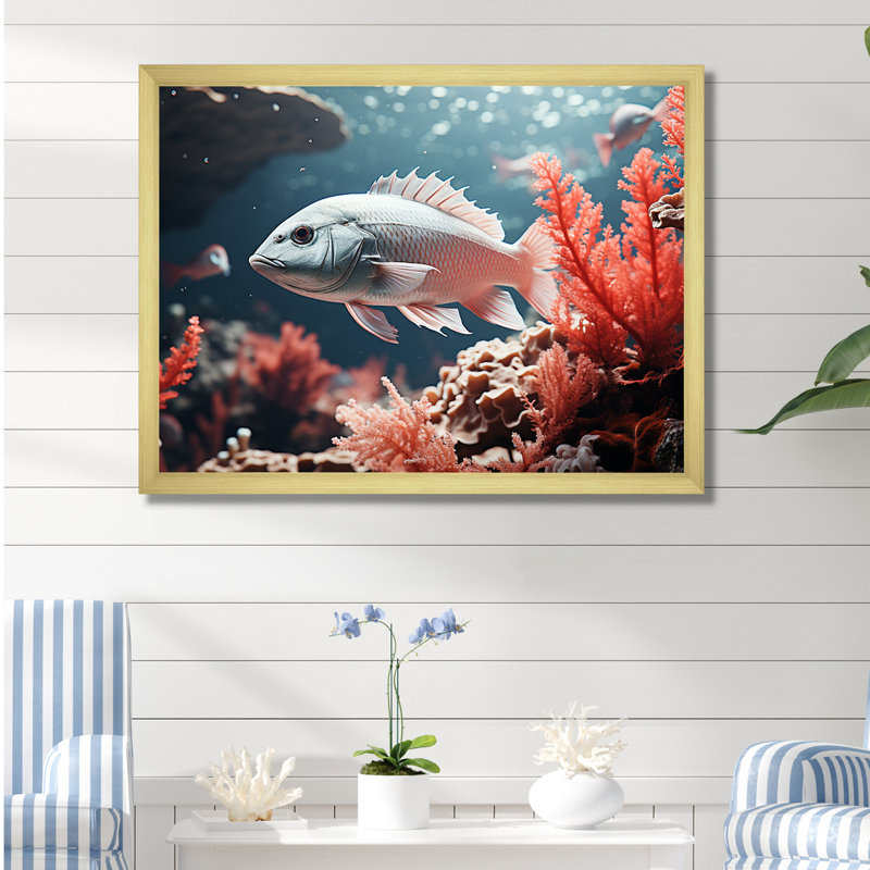 Monochromes coraux et poissons gris dansant sur toile, H 12 po x l 20 po x P 1 po, Cadre doré à coins fermés