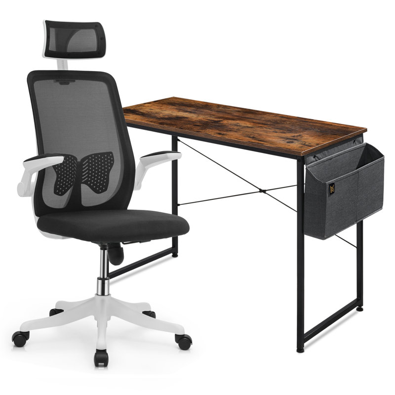 Desk and Chair Rotable Chair with Wheels Retro Style Table with Storage, 29.5" H x 19.5" W x 31.5" D