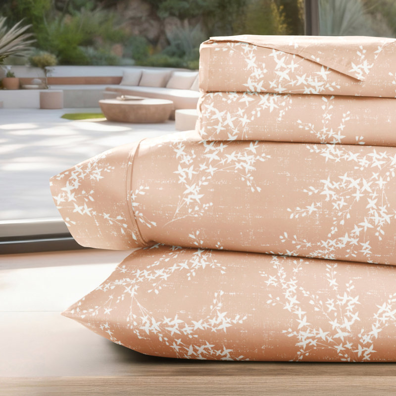 4 Piece Delicate Details Pattern Sheet Set, Apricot Floral, Queen Sheet Set with 2 Standard Pillowcase