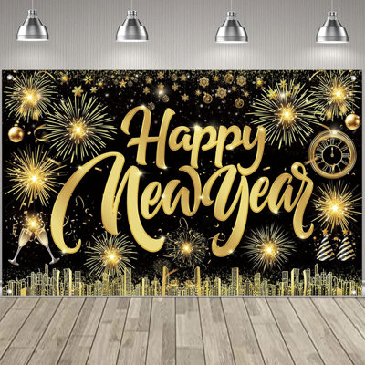 Happy New Year, affiche en tissu sur fond de bannière avec motif de feux d'artifice champagne pour fond de photomaton, fournitures de décoration de fête du Nouvel An
