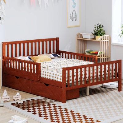 Wood Platform Bed with Guardrails on Both Sides and Two Storage Drawers