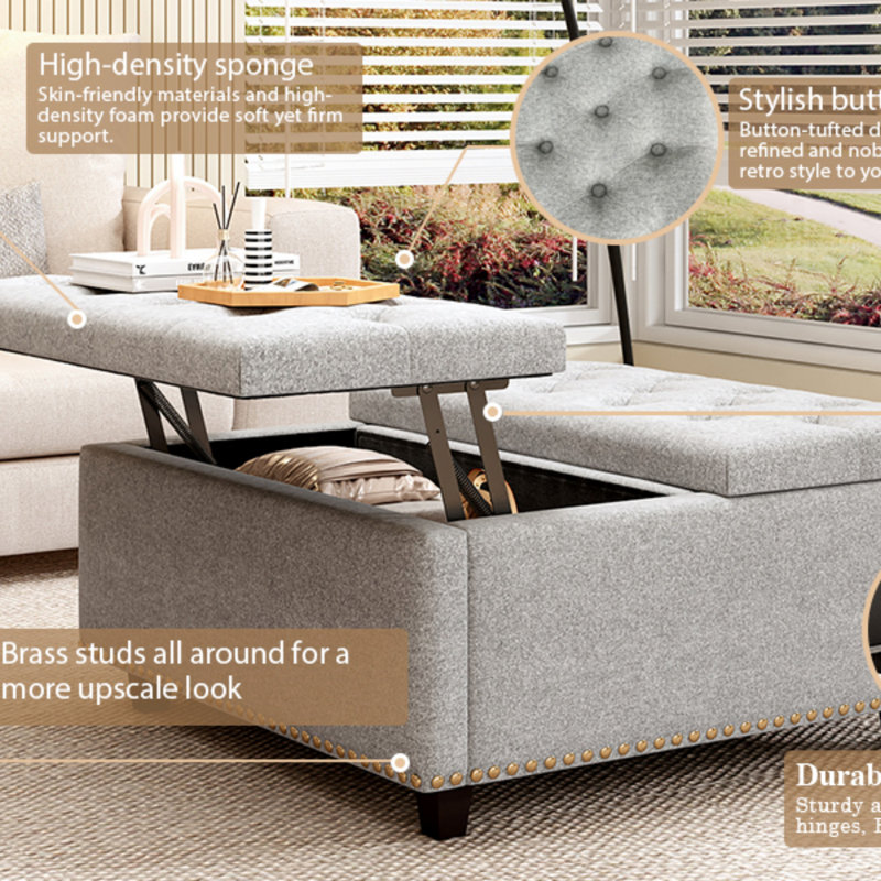 Large Square Storage Bench, Footstool With Two Storage Doors, Mid-Century Modern Coffee Table