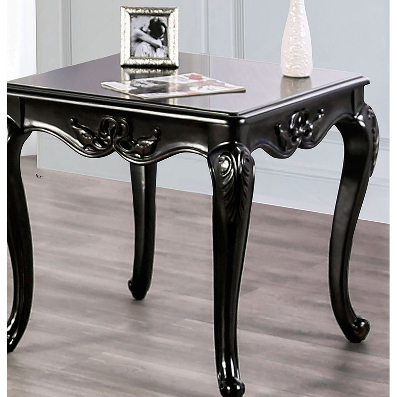 Elegant Traditional Square End Table With Curved Legs, Carved Design, And Solid Wood Structure In Champagne Finish