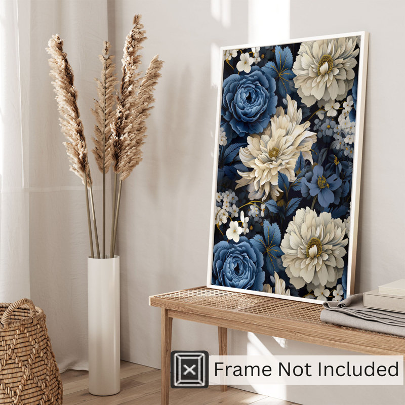 Floral pivoines bleues, reproduction d'art classique sans cadre, 10" H x 8" W