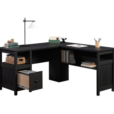 Bureau traditionnel en forme de L avec tiroir classeur et gestion des câbles, idéal pour la productivité quotidienne, finition stratifiée noire pour ordinateur, assemblage rapide, petits espaces de travail