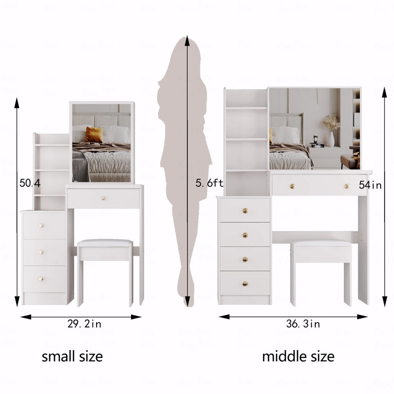 Petite coiffeuse 29,2 po avec tabouret de chevet gauche + tabouret rembourré, très grand miroir coulissant à droite, rangement multi-couches à grande capacité, commode pratique et pratique, convient aux petits espaces