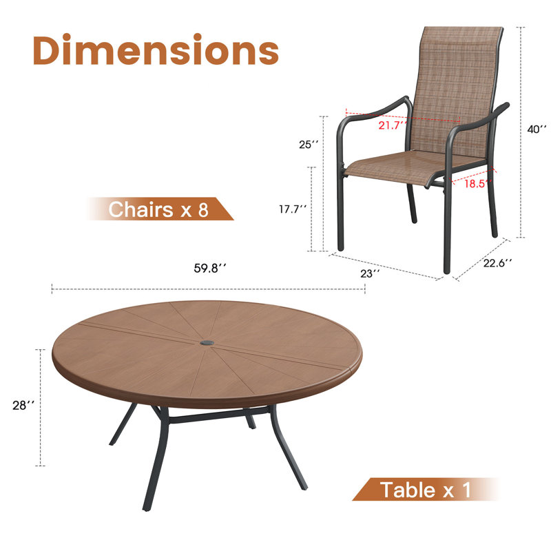 Ensemble repas pour 8 personnes avec table de salle à manger en aluminium 60 po et 8 chaises empilables, Brun, Brun