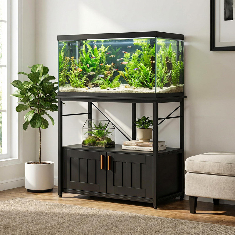 Support robuste pour aquarium 40-50 gallons avec rangement, support jusqu'à 660 lb, Noir et or