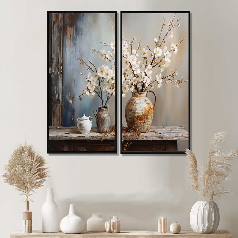 Poterie et fleurs nature morte - impressions sur toile traditionnelles, H 40 po x l 40 po, Noir