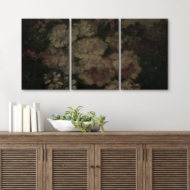 «Dark Moody Floral Arrangement Triptych», reproduction d'art sur toile encadrée 3 pièces, Toile tendue