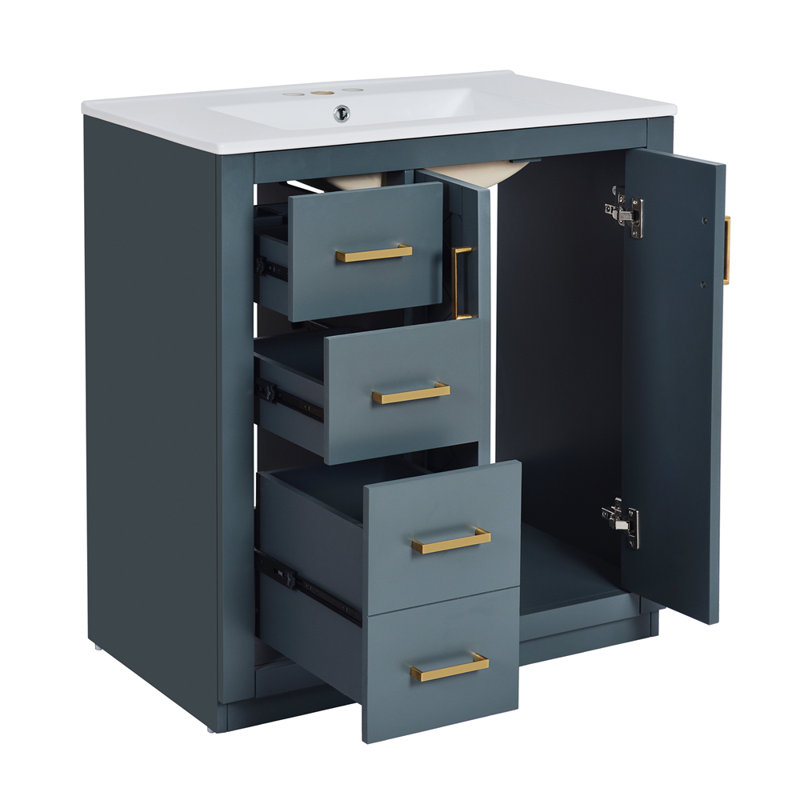 Ensemble de meuble-lavabo 30 po avec lavabo en céramique, armoire de rangement en bois massif, ensemble de meuble-lavabo autoportant avec 3 tiroirs et portes à fermeture douce