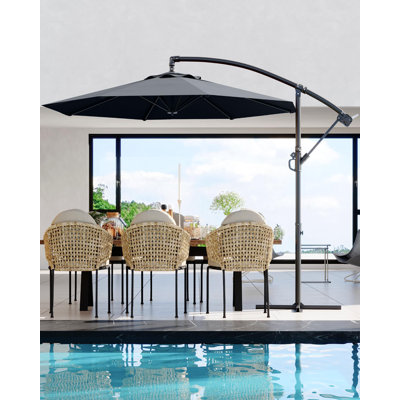 Parasol de patio décalé avec base, parasol d'extérieur en porte-à-faux avec réglage de l'inclinaison et soulèvement facile, parasol à 8 nervures pour terrasse de jardin