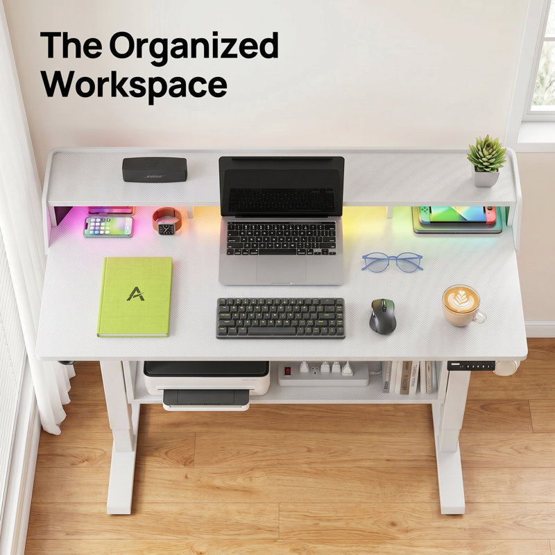 Bureau électrique à hauteur réglable, bureau à support réglable, support pour moniteur avec bibliothèque, bureau de jeu debout avec bande lumineuse à DEL, convient à la maison et au bureau