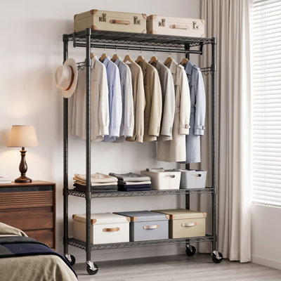 Heavy Duty Rolling Garment Rack 3 Tiers Adjustable Wire Shelving Clothes Rack with Rods and Side Hooks,Storage Closet Clothing Rack with Wheels White 15.7" D x 29.5" W x 74.5" H