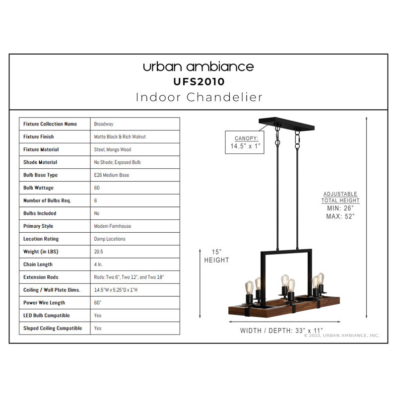 Yasamine Dimmable Square/Rectangle Chandelier, 6, 15" H x 33" W x 11" D, Matte Black/Rich Walnut