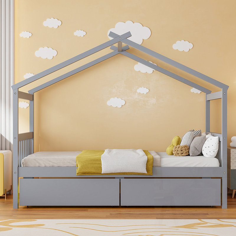 Lit en bois avec tiroirs, Gris, Simple
