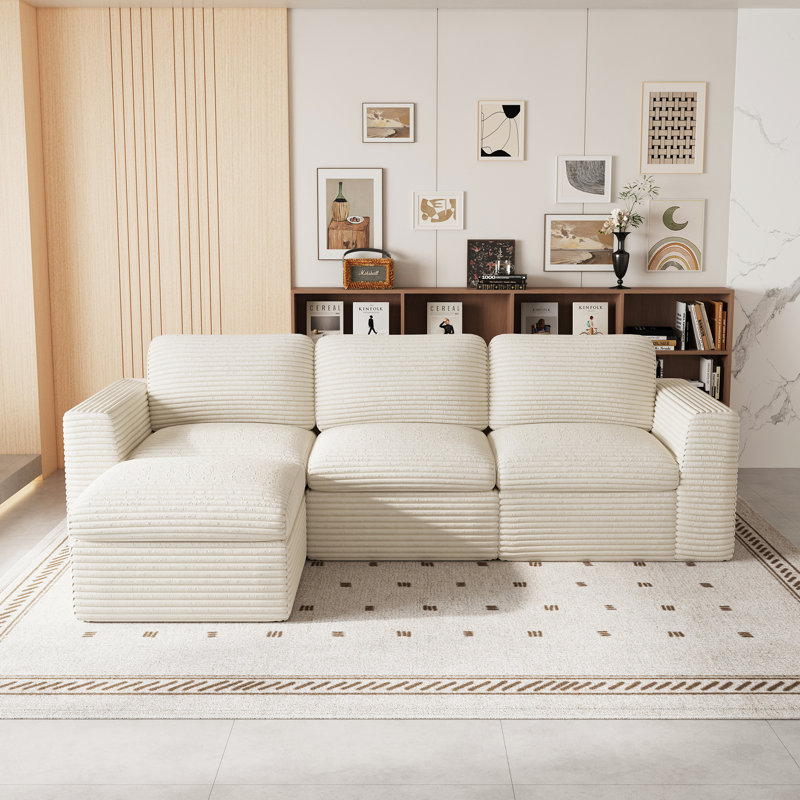 Boneless L-Shaped Wide Corduroy Compression Sponge Sofa 3-Seater Cloud Boneless Sofa, No Assembly Required, White