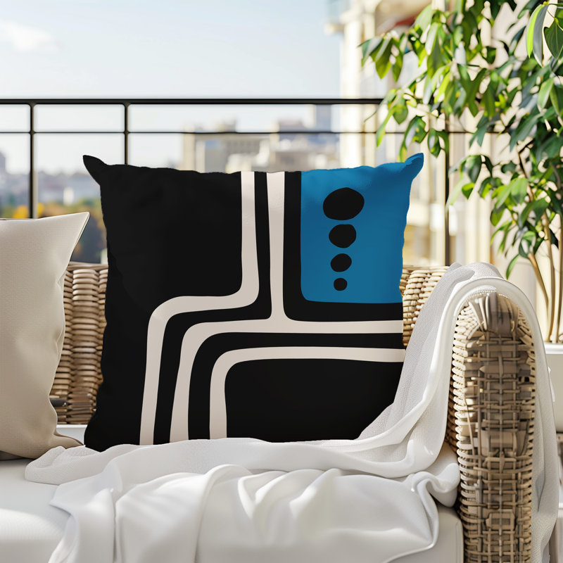Oreiller carré réversible intérieur / extérieur Tobe Minimalist, H 19 po x l 19 po, Turquoise / noir / blanc cassé